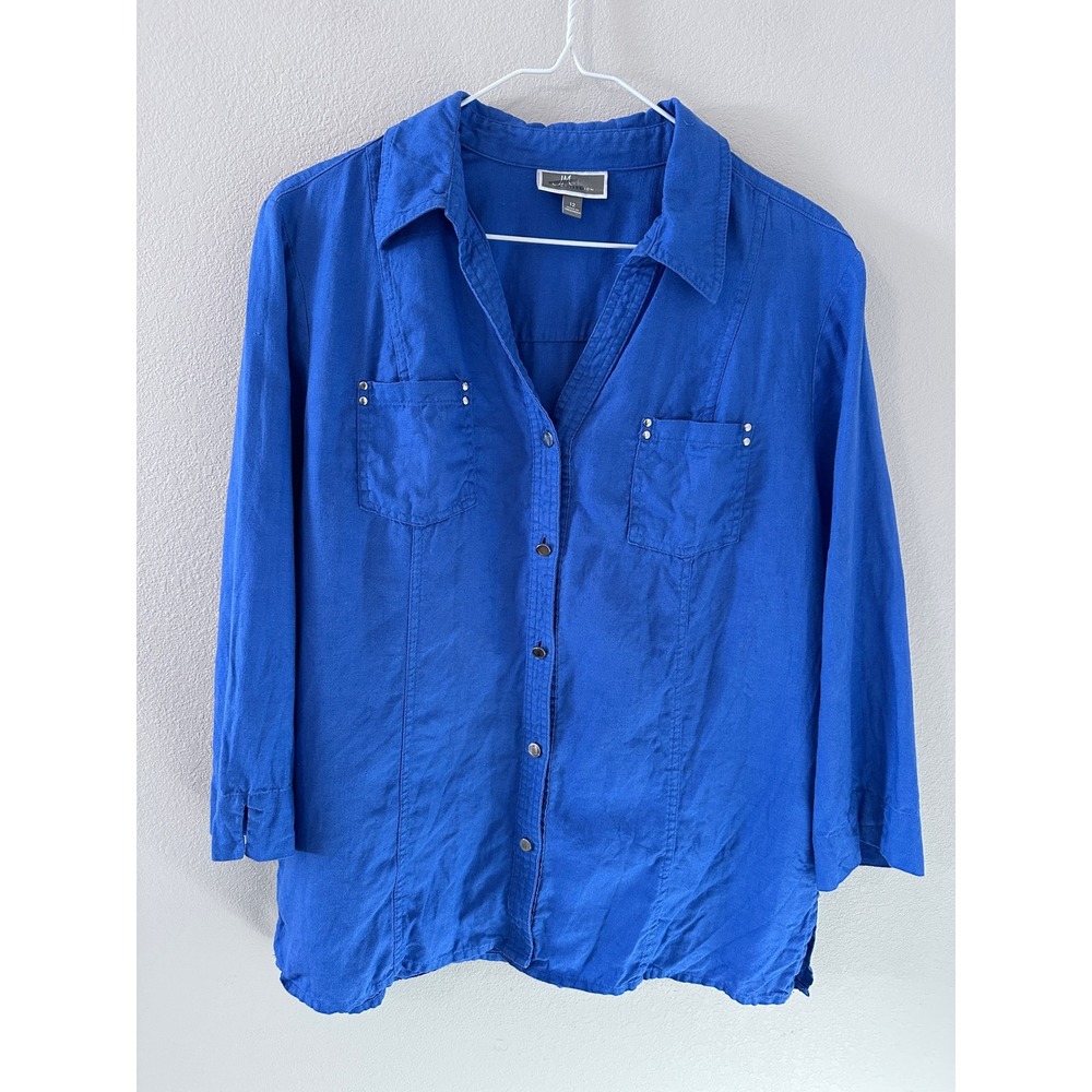 JM Collection Linen Button Down Shirt size 12 Blue 3/4 Sleeve Studded Pocket